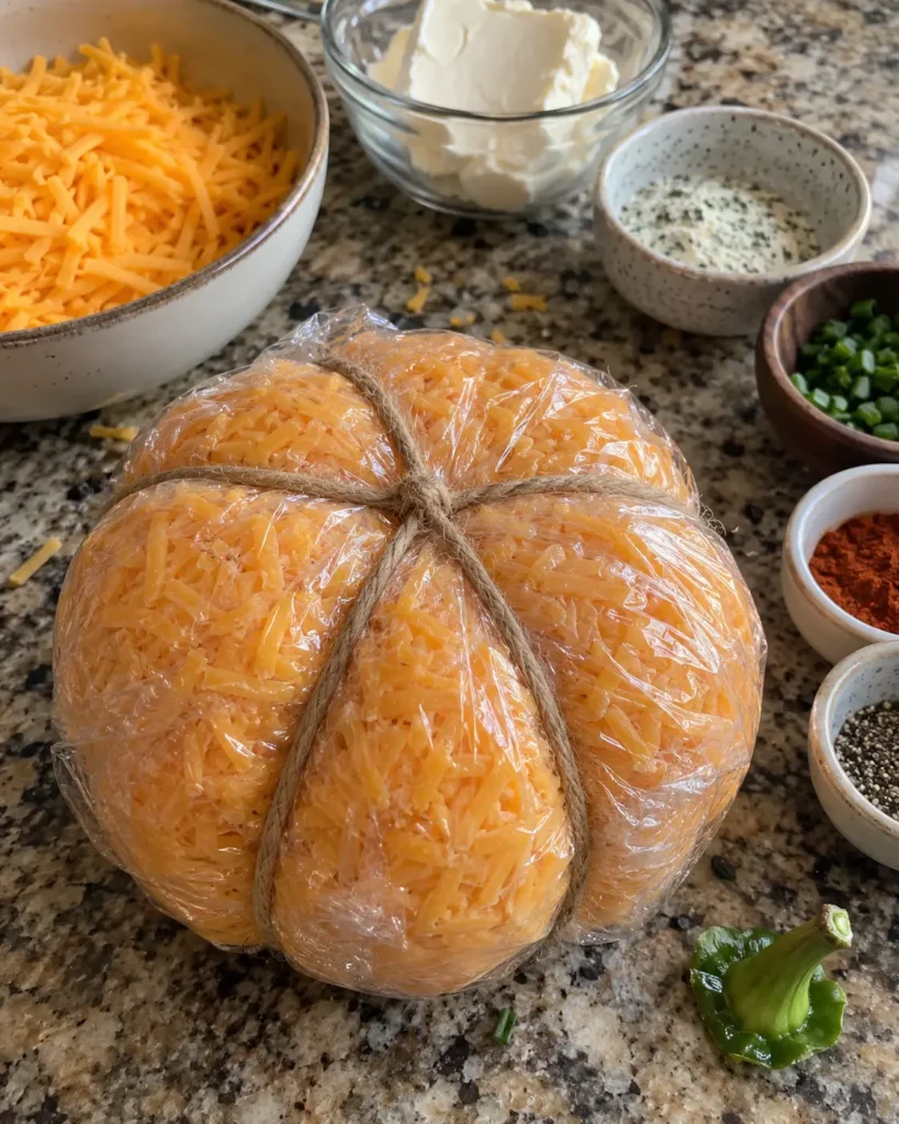 Shaping the cheese ball for a Pumpkin Themed Charcuterie Board with kitchen twine