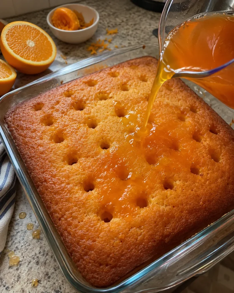Pouring orange gelatin soak over poked Orange Creamsicle Cake
