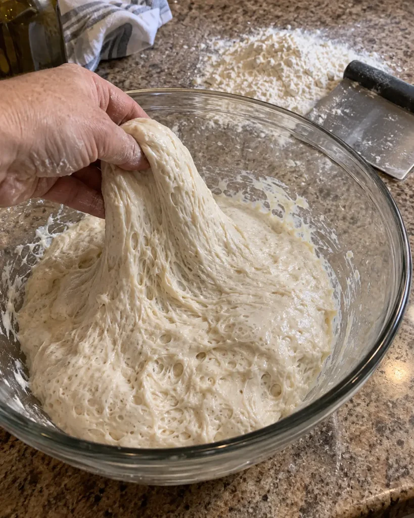 Stretching and folding ciabatta dough for crusty ciabatta bread rolls