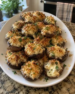 Longhorn Stuffed Mushroom Appetizer with melted white cheddar, Parmesan, and golden panko on a platter