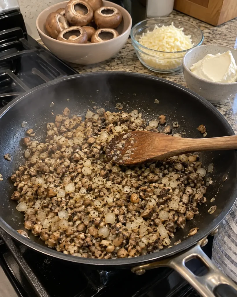 Cooking mushroom stems and onion for Longhorn Stuffed Mushroom Appetizer filling