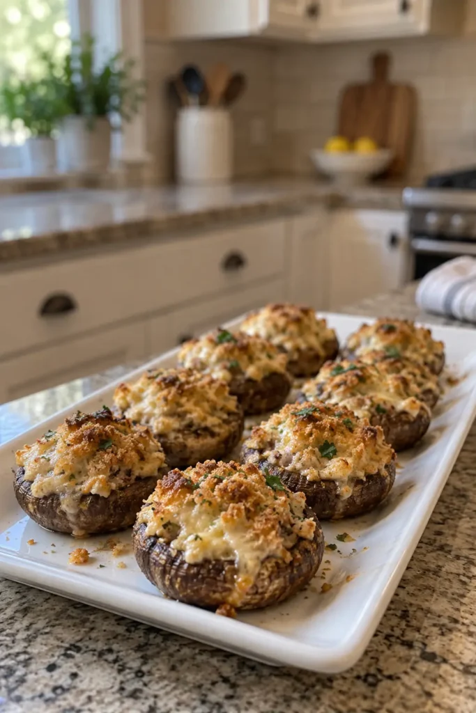 Longhorn Stuffed Mushroom Appetizer with creamy cheddar filling on a vertical serving platter