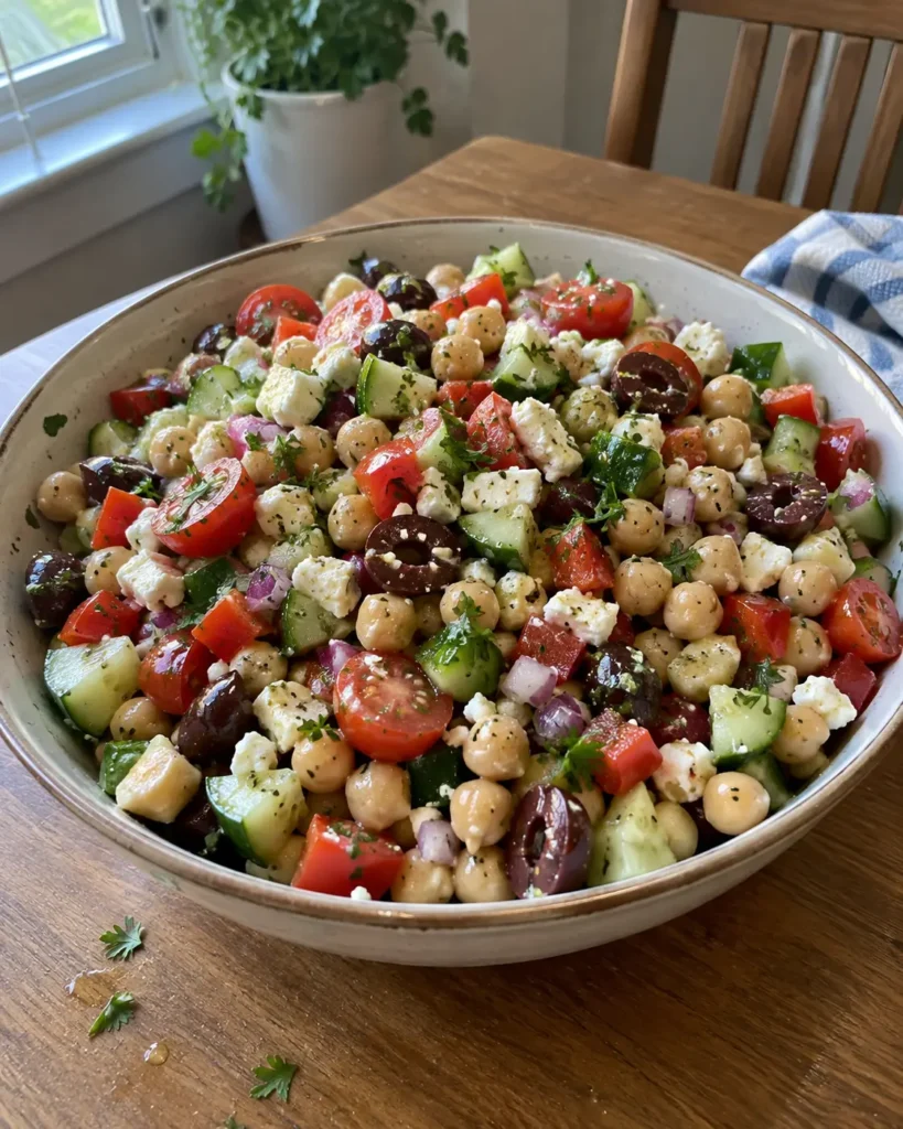 Mediterranean Chickpea Salad with feta, cucumber, tomatoes, olives, and parsley
