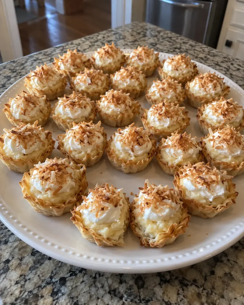 Mini Coconut Cream Pie Tarts with whipped cream and toasted coconut on a white platter