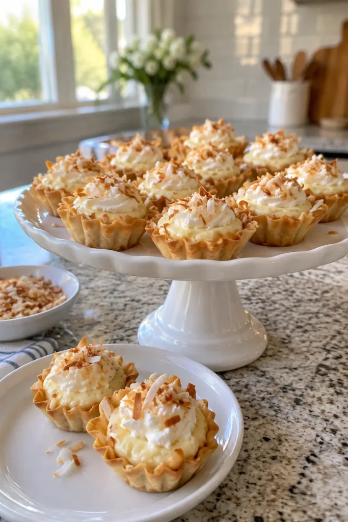 Mini Coconut Cream Pie Tarts displayed on a cake stand for a party dessert