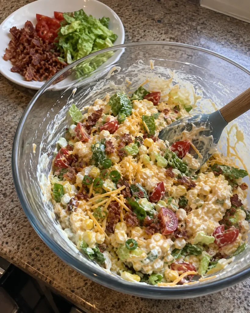 Folding corn, bacon, cheddar, tomato, and romaine into Creamy BLT Corn Dip