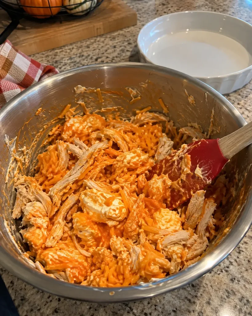 Mixing shredded chicken, cream cheese, buffalo sauce, and cheddar for Halloween Buffalo Chicken Dip