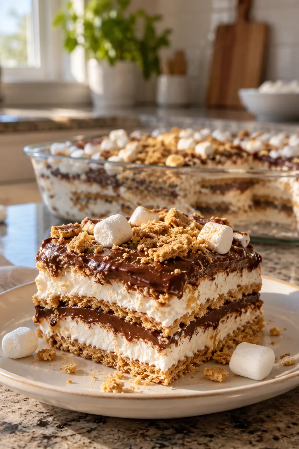 S'mores Icebox Cake with chocolate ganache and marshmallow filling in a vertical food photo