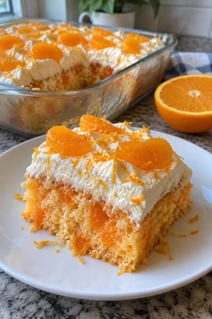 Orange Creamsicle Cake slice with mandarin orange garnish in a vertical food photo