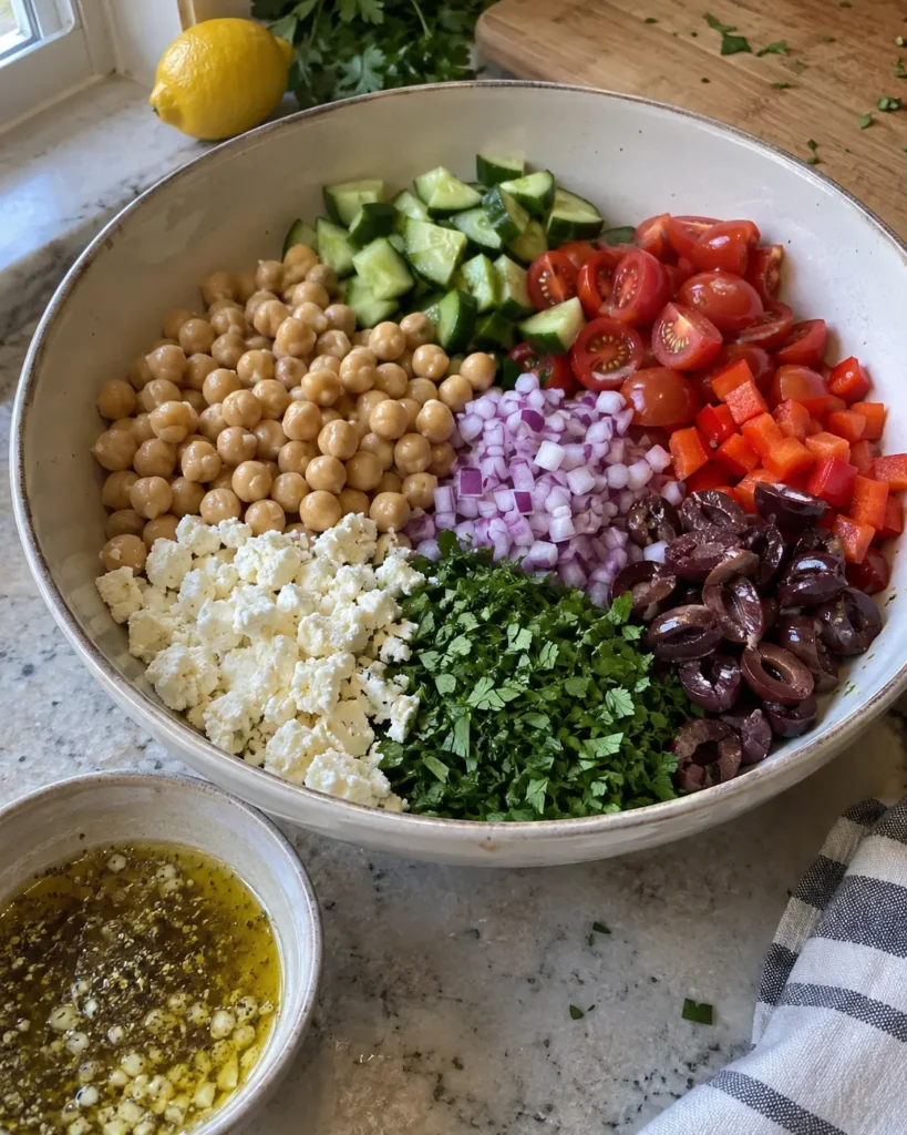 Ingredients prepared for Mediterranean Chickpea Salad