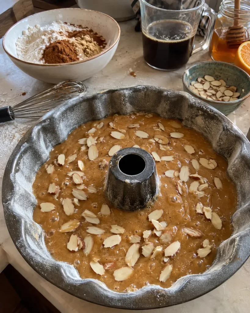 Rosh Hashanah Honey Cake batter in a prepared Bundt pan before baking