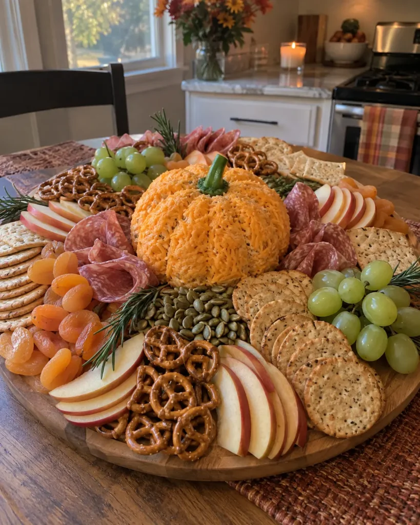 Pumpkin Themed Charcuterie Board with cheddar pumpkin cheese ball, salami, crackers, fruit, and pretzels