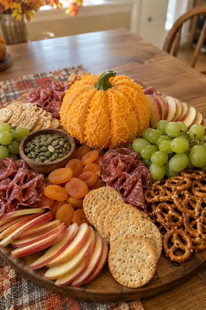 Pumpkin Themed Charcuterie Board for a fall party or Thanksgiving appetizer