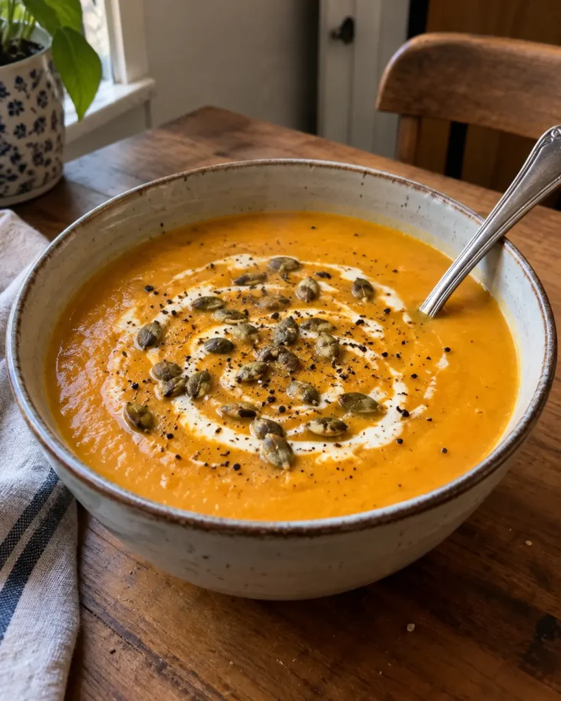 roasted butternut squash soup in a bowl topped with cream and pepitas