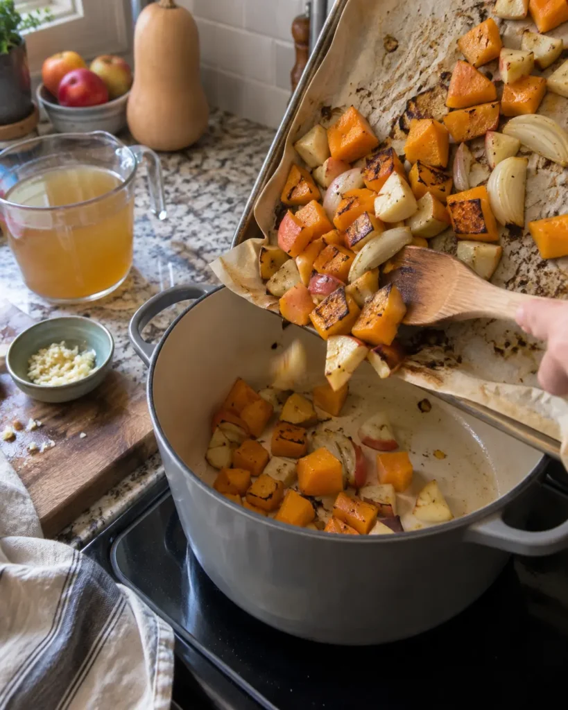 Roasted squash, apple, and onion being added to a pot for Apple Butternut Squash Soup