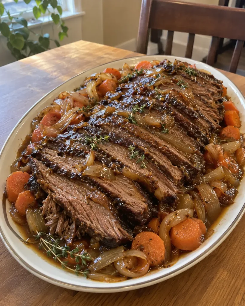 Rosh Hashanah Brisket Recipe with sliced beef, carrots, onions, and red wine sauce