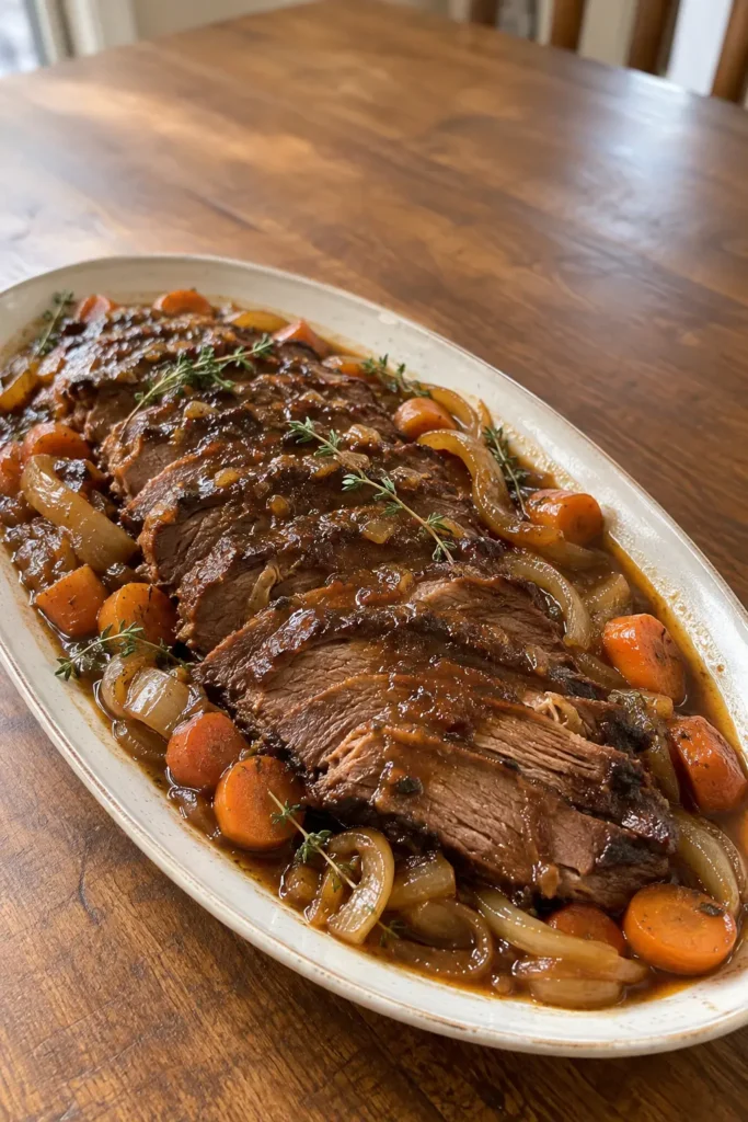 Vertical Rosh Hashanah Brisket Recipe platter with beef, onions, carrots, and sauce