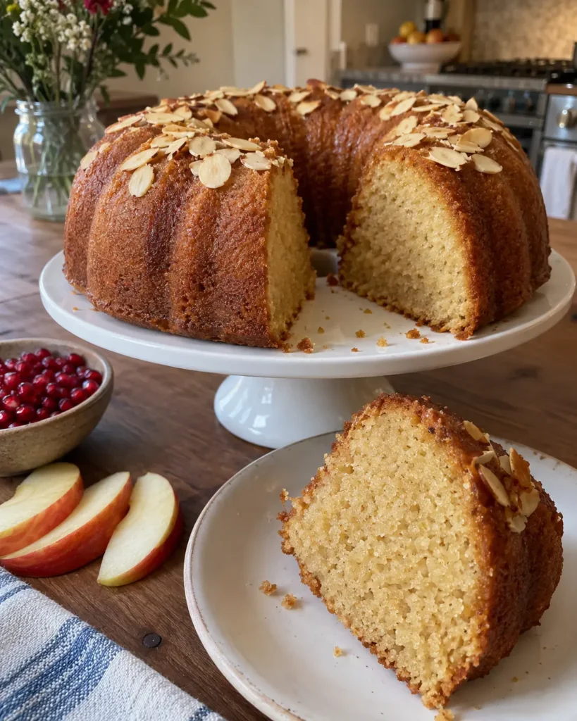 Rosh Hashanah Honey Cake on a cake stand with a sliced portion, almonds, apples, and pomegranate arils