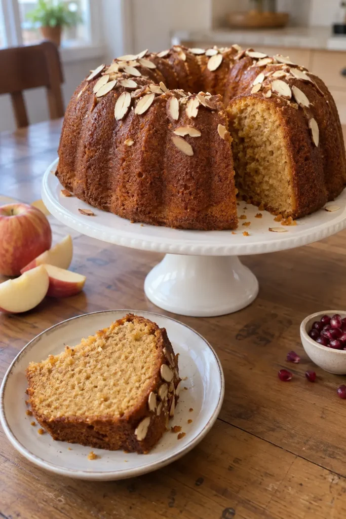 Rosh Hashanah Honey Cake served with apple slices and pomegranate arils