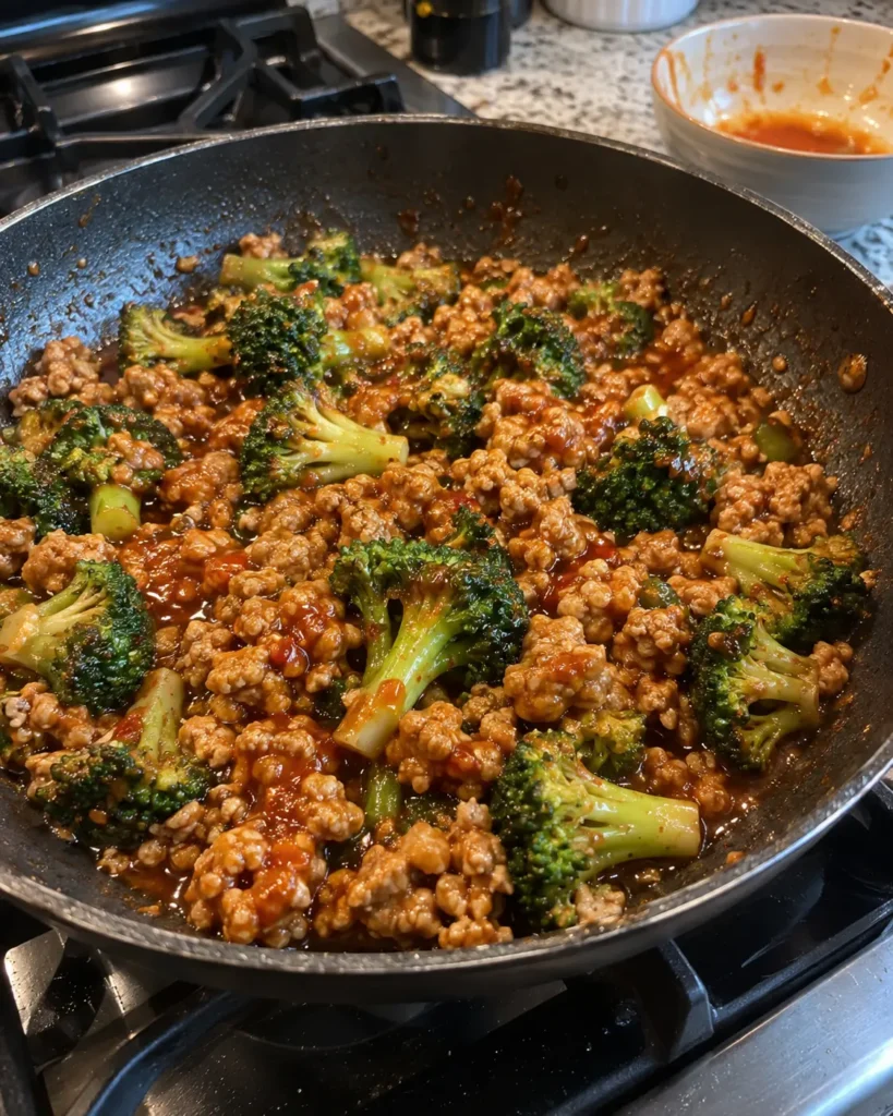 Firecracker Ground Chicken and broccoli tossed in sauce in a skillet