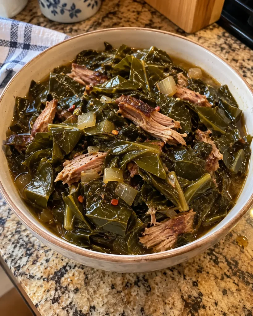 Slow Cooker Collard Greens with shredded smoked turkey in a serving bowl