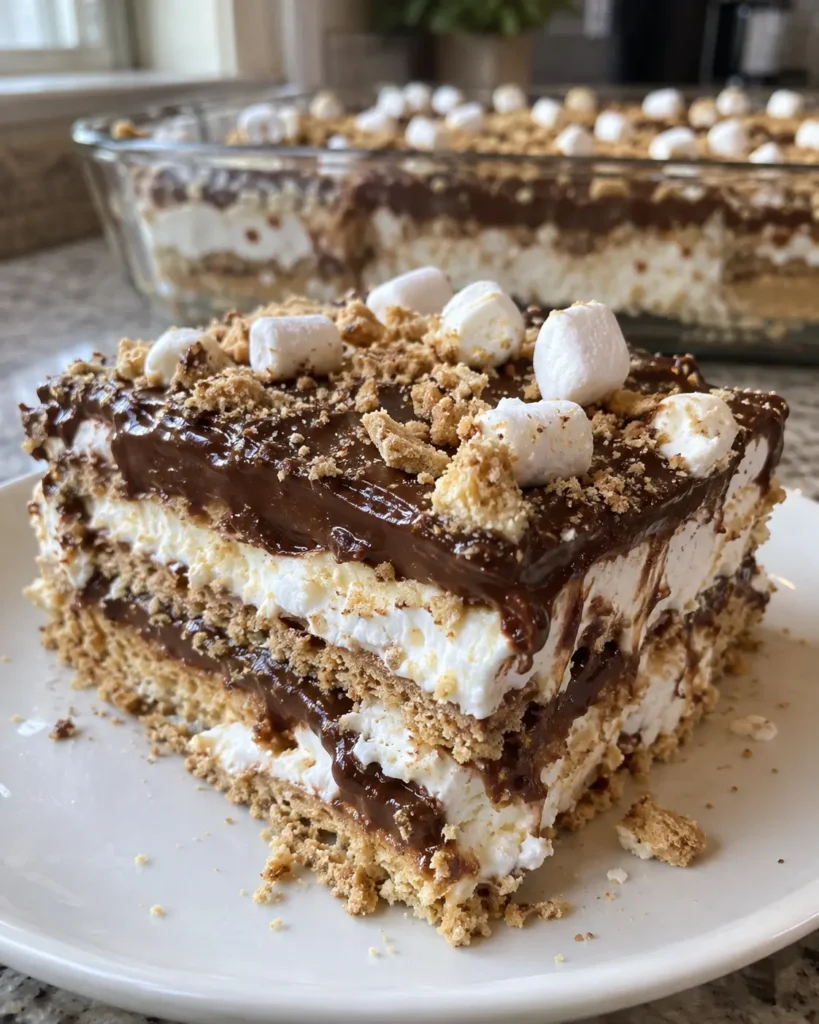 S'mores Icebox Cake slice with soft graham cracker, marshmallow, and chocolate ganache layers