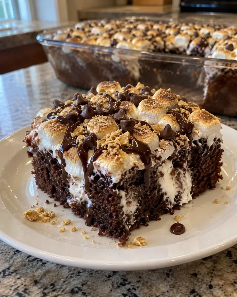 S’mores Poke Cake slice with toasted marshmallows, graham crackers, and hot fudge