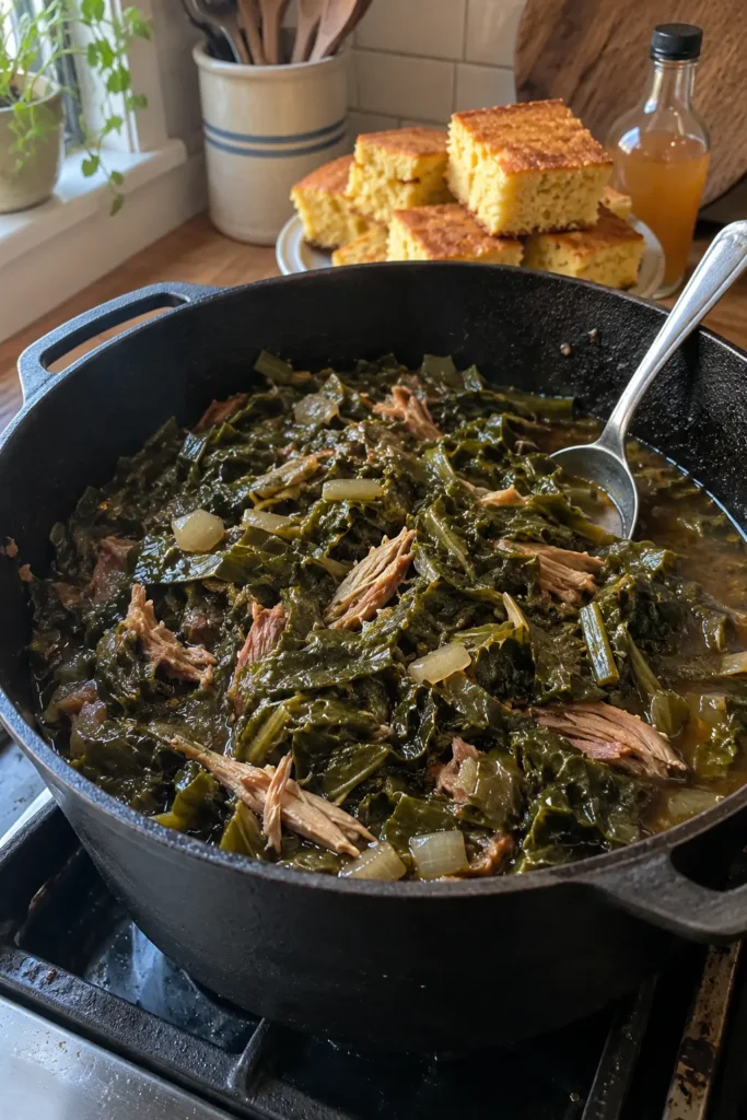 Dutch oven filled with Southern Collard Greens and shredded smoked turkey