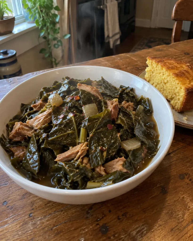 Southern Collard Greens served in a white bowl with shredded smoked turkey and pot likker