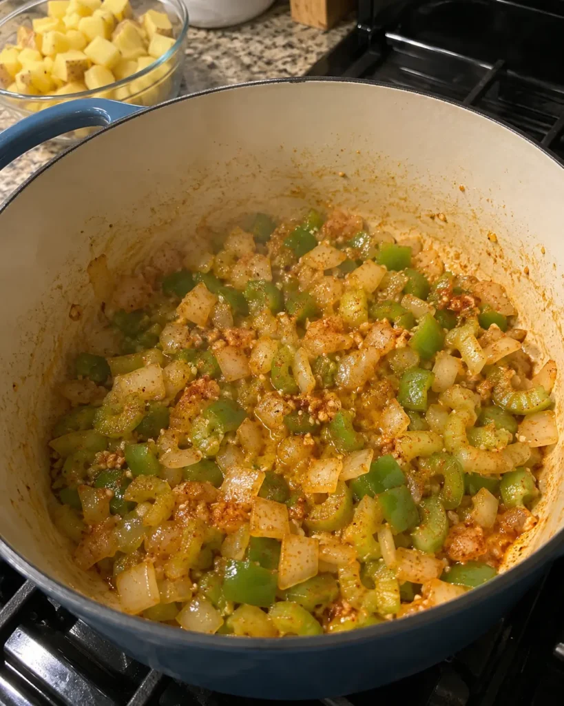 Onion, celery, bell pepper, garlic, and spices cooking for Hearty Brunswick Stew in a Dutch oven.