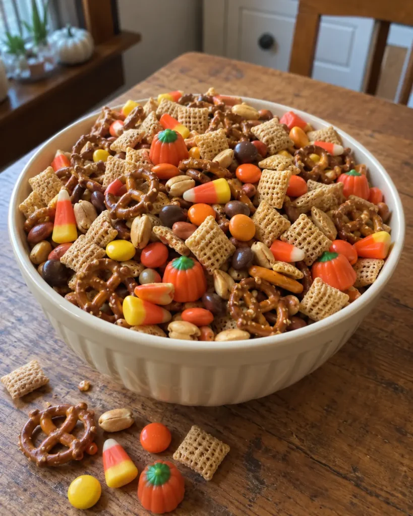 Sweet and Salty Fall Snack Mix with Chex cereal, pretzels, candy corn, peanuts, and chocolate candies