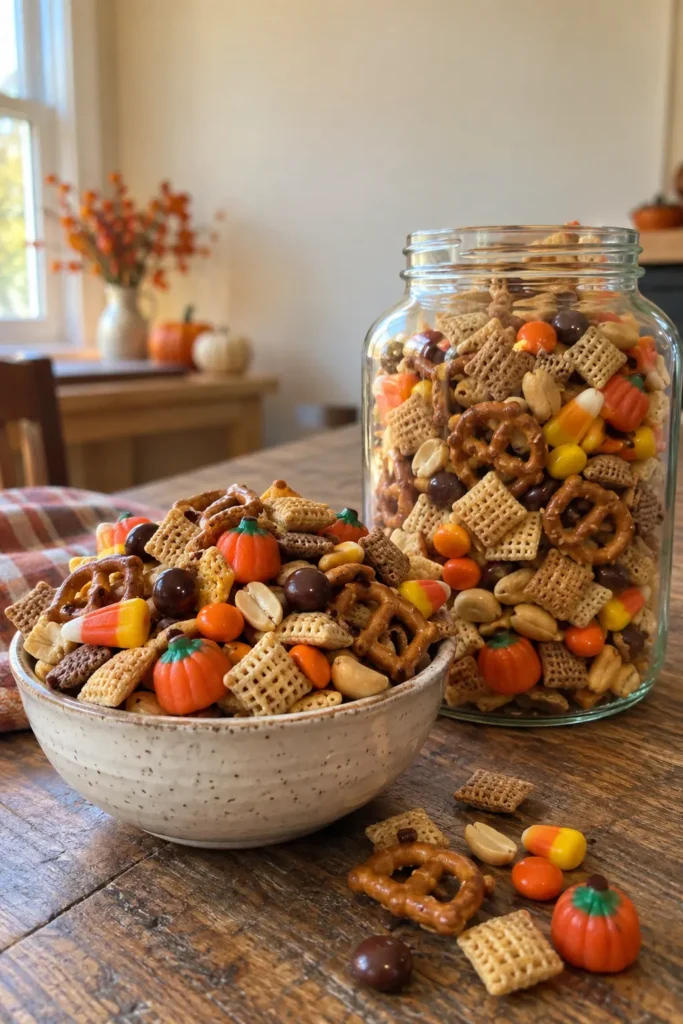 Sweet and Salty Fall Snack Mix in a jar and bowl for a fall party