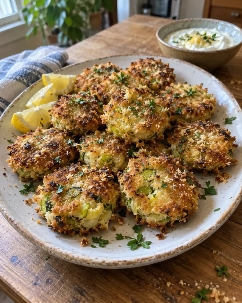 The Ultimate Leek Patties with golden crisp edges, lemon wedges, and yogurt dip