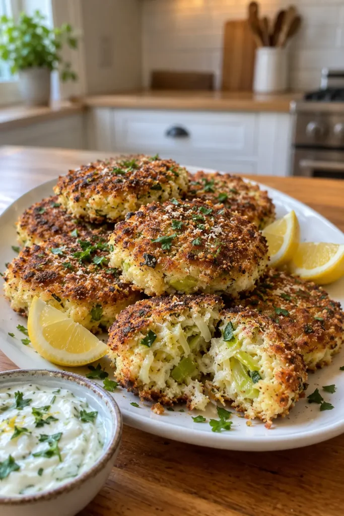 The Ultimate Leek Patties stacked on a platter with lemon wedges