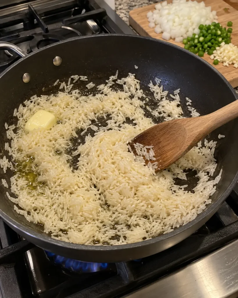 Toasting jasmine rice for Corn and Jalapeño Brothy Rice in a skillet
