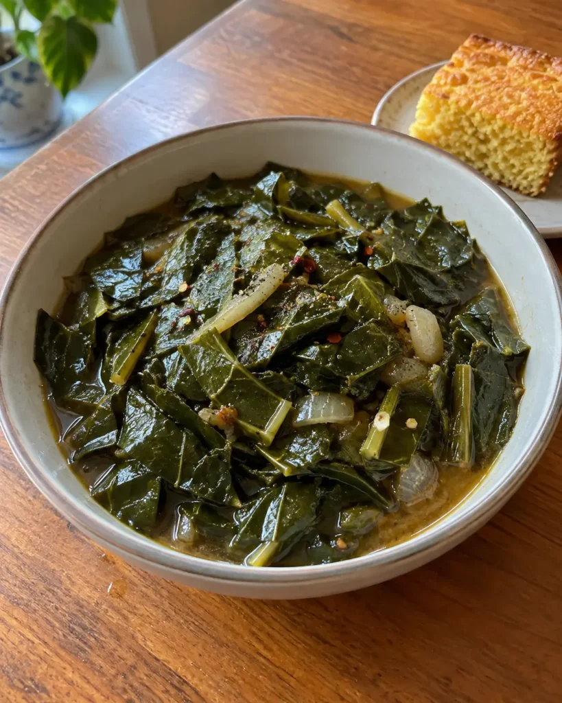 Vegan Southern Collard Greens simmered in smoky vegetable broth with onion and garlic.
