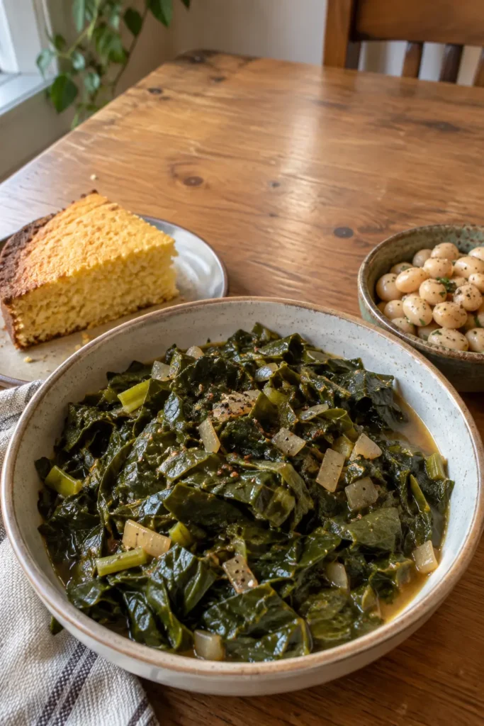 Vegan Southern Collard Greens served with cornbread and butter beans.